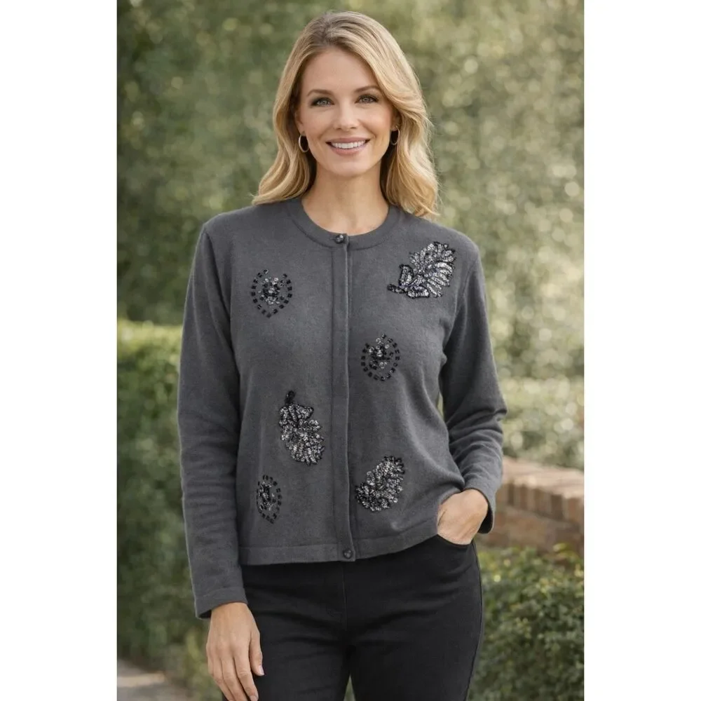 WILROY SPORT Cardigan Sweater Womens Sz M Gray Sequin Wool Glam Vintage *Flaw